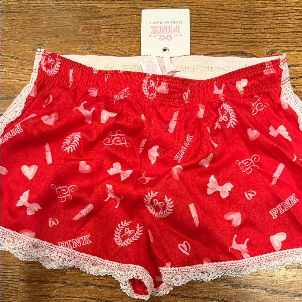 PINK & Love shack fancy collab Women's Red silk pajama Shorts nwt sz XS